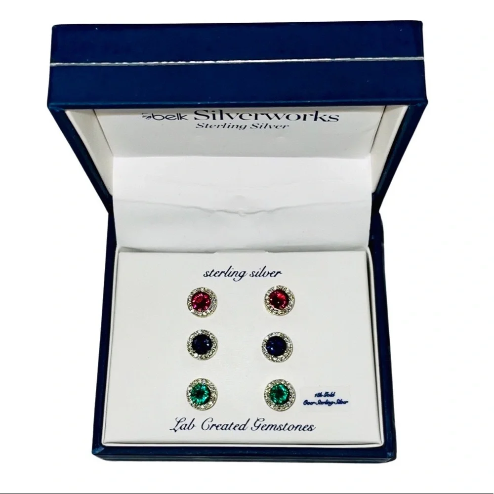Belk Silverworks Gemstone Halo Stud Earrings | 18K Gold Over Silver - Picture 3 of 6